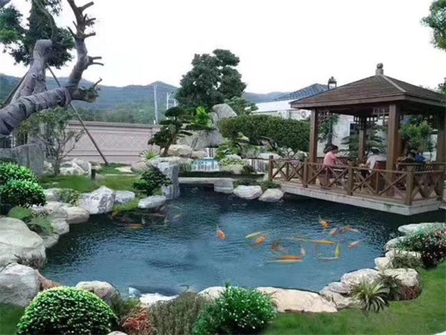 惠城别墅庭院水池假山景观全景